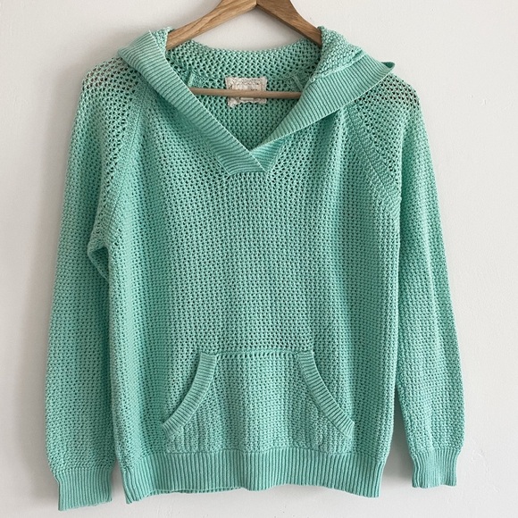 Turquoise Open-Knit Crochet Hoodie by Shirt 469, Size Medium, Linen Cotton Blend - Picture 2 of 11